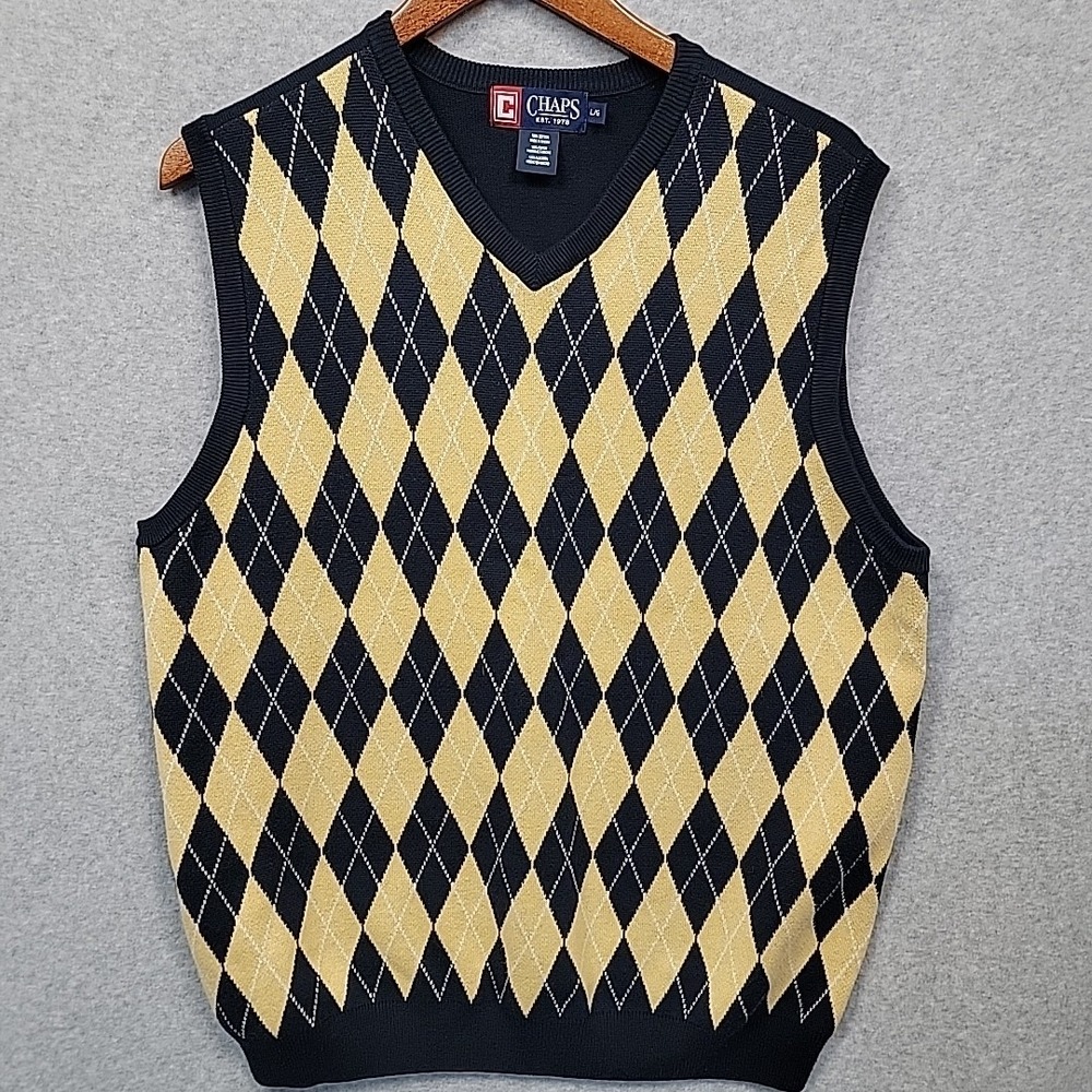 Chaps Ralph Lauren Men's Navy Yellow Argyle Sweater Vest Size L 100% Cotton EUC